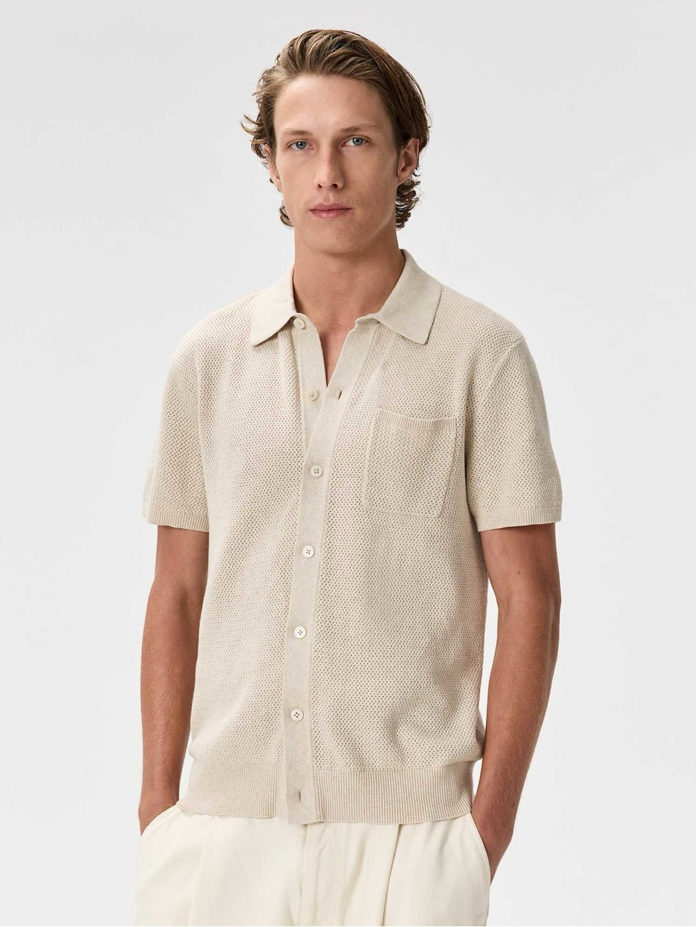 Quince 100% Organic Cotton Mesh Stitch Button-Up Sweater Polo Beige Old Money M